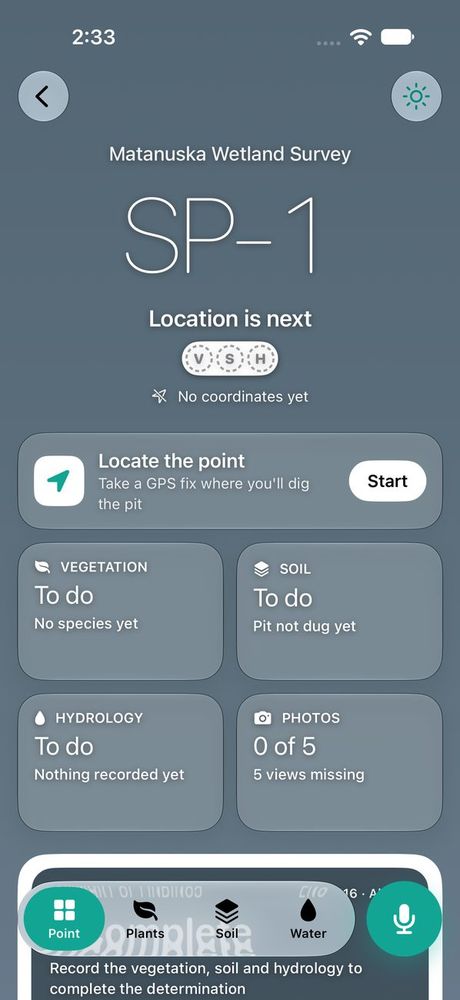 New sampling point SP-1 reading “Location is next”, with a Locate the point card and a Start button.