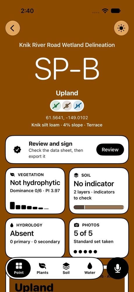 Upland sampling point SP-B in Sun mode, with solid surfaces and heavy black outlines.